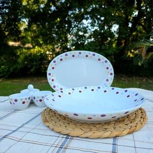 Pampered Chef Simple Additions Polka Dot Serving Tray Bowl Condiment SET 13.5"